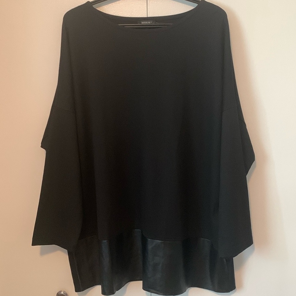 Lafayette 148 New York Black Faux Leather Trim Drop Shoulder Tunic Top Size M